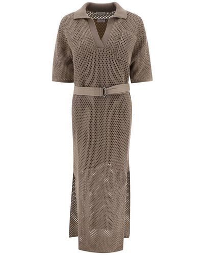 Brunello Cucinelli Net Knit Dress With Belt - Grey