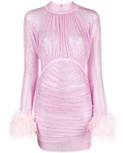 Self-Portrait Mesh Dress With Rhinestones And Feather Details - Pink