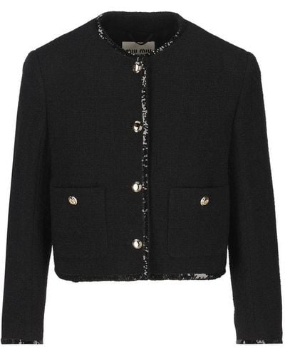Miu Miu Sequined Crewneck Button-up Jacket - Black