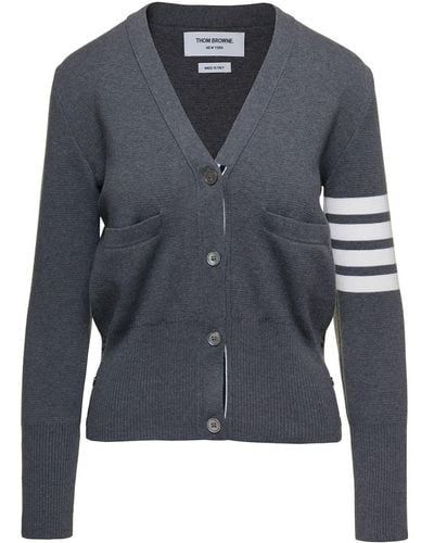 Thom Browne Milano Cardigan With Signature 4-bar Motif In Gray Cotton Woman - Blue