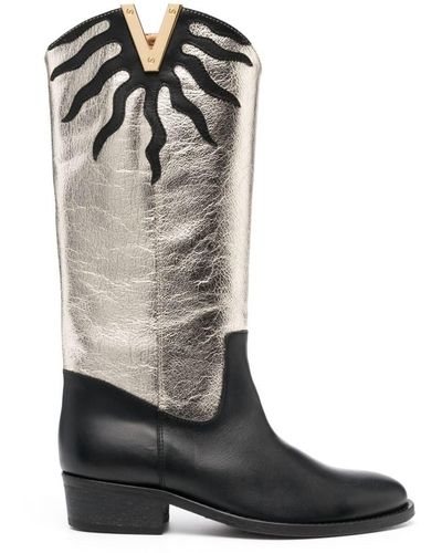 Via Roma 15 Black And Metallic High Boots In Leather Woman - Gray