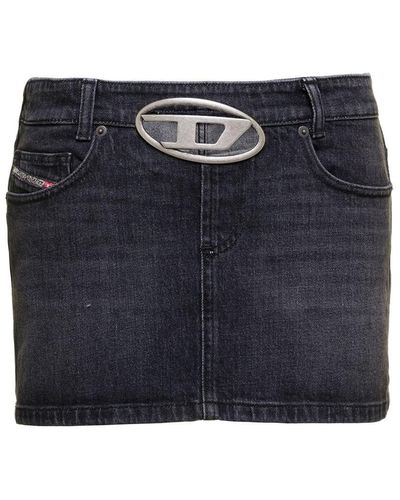 DIESEL 'de-ron-s2' Black Mini-skirt With Oval D Logo Buckle And Cut-out In Stretch Cotton Denim Woman - Blue