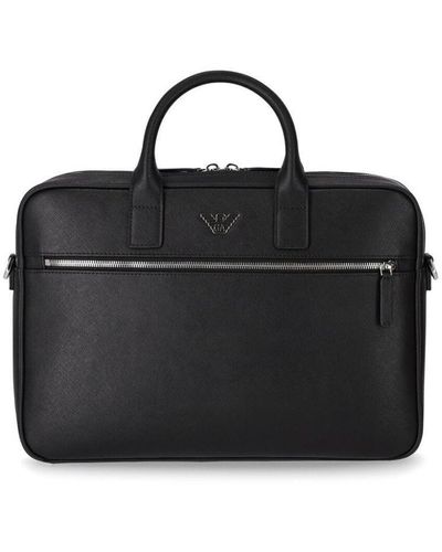 Emporio Armani Asv Regenerated Saffiano Leather Business Bag With Eagle Plate - Black
