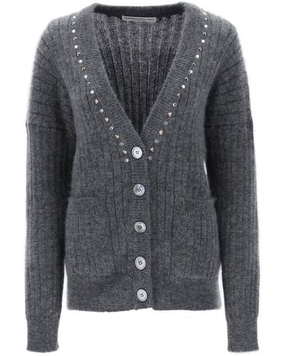 Alessandra Rich Cardigan With Studs And Crystals - Grey