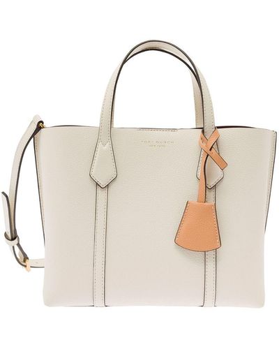 Tory Burch 'perry' Small White Tote Bag With Removable Shoulder Strap In Grainy Leather Woman - Multicolour