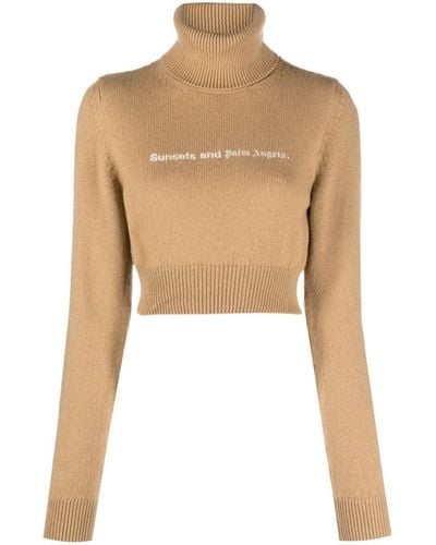 Palm Angels Cropped High Neck Sweater - Natural