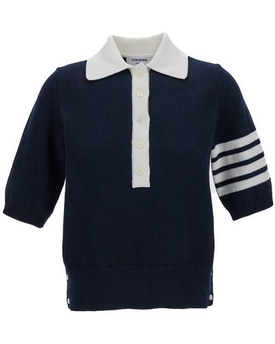 Thom Browne Polo Shirt With 4Bar Detail - Blue