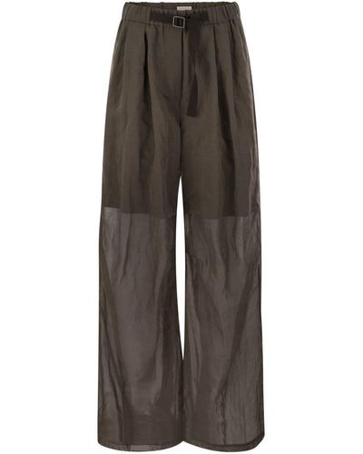 Brunello Cucinelli Ergonomic Loose Cotton Organza Trousers With Belt - Brown