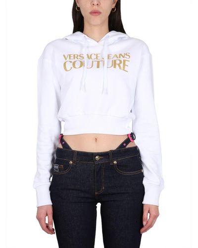 Versace Jeans Couture Cropped Cotton Sweatshirt With Logo - White