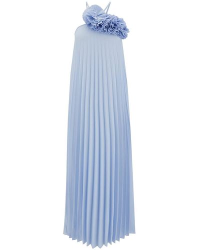 P.A.R.O.S.H. Long Light Blue Pleated Dress With Ruches In Polyamide Woman