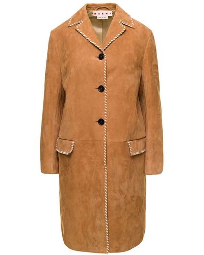 Marni Brown Single-breasted Coat With Contrasting Blanket Stitch In Suede