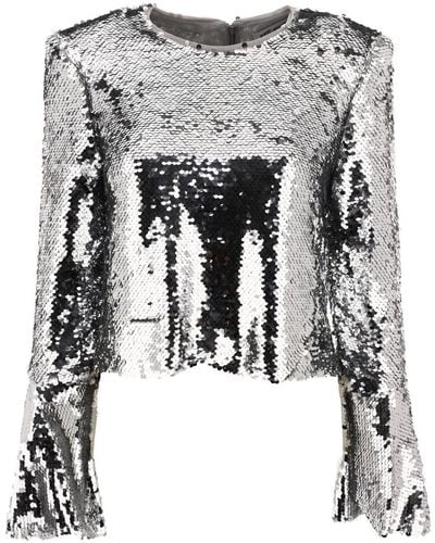 Self-Portrait Sequinned Flared Top - Grey