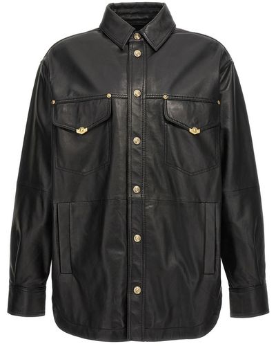 Versace Logo Button Leather Jacket - Black