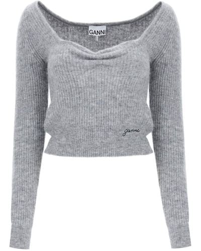 Ganni Sweater With Sweetheart Neckline - Gray