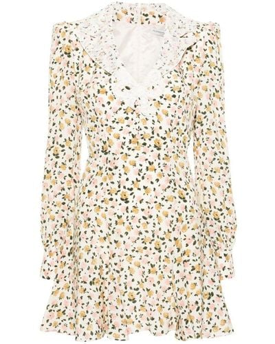 Alessandra Rich Flower Print Silk Short Dress - Natural