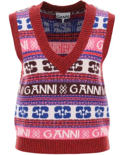 Ganni Jacquard Wool Vest With Logo Pattern - Multicolor