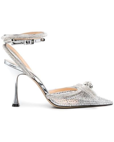 Mach & Mach Double Bow Crystal-embellished Satin Heeled Sandals - Metallic