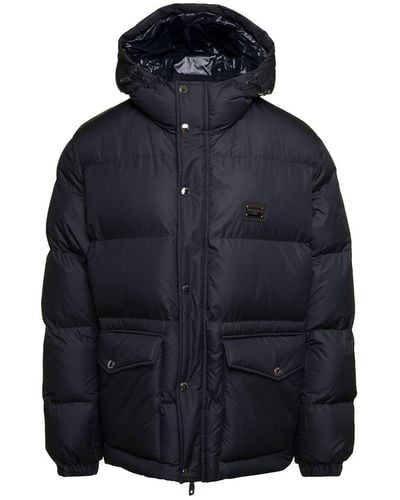 Dolce & Gabbana Black Down Jacket With Patch Pockets At The Front In Polyester Man - Blue
