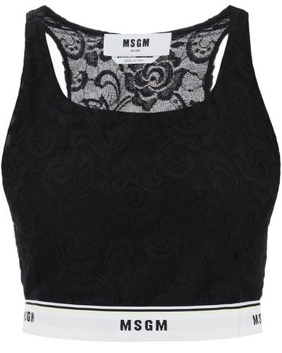 MSGM Sports Bra In Lace With Logoed Band - Black
