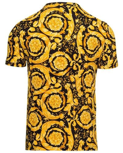 Versace Black And Yellow Crewneck T-shirt With All-over Barocco Print In Stretch Cotton Man