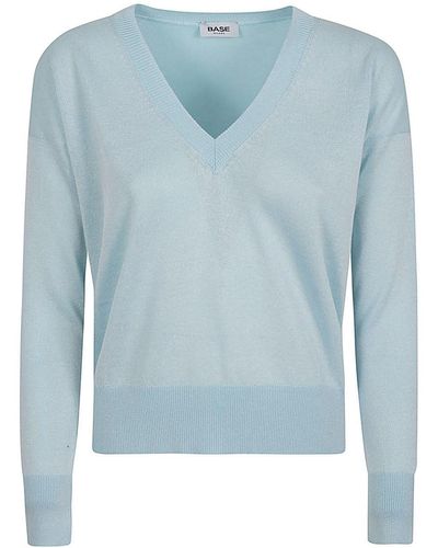 Base London Cotton Blend V-Neck Sweater - Blue