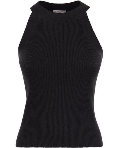 Brunello Cucinelli Sparkling Lightweight Cashmere And Silk Ribbed Knit Top - Black