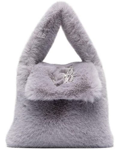 Blumarine Faux Fur Mini Bag With Flap And Logo - Gray
