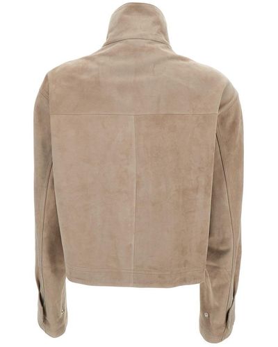 Arma Beige High Collar Jacket In Suede Leather Woman - Natural
