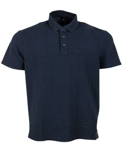 Armani 3-button Short-sleeved Pique Cotton Polo Shirt With Logo Embroidered On The Chest - Blue