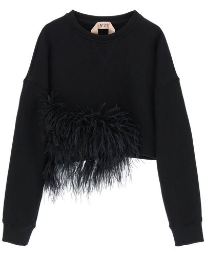 N°21 N.21 Cropped Sweatshirt With Feathers - Black