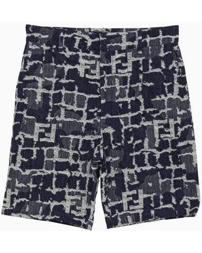 Fendi Blue Ff Patterned Denim Shorts