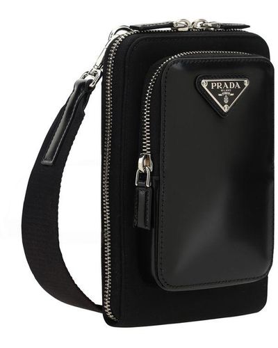 Prada Brushed Leather And Re-Nylon Phone Case - Black