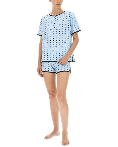 Chiara Ferragni "logomania" Cotton Pajamas Set - Blue