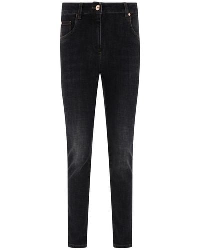 Brunello Cucinelli Jeans With Shiny Leather Tab - Black