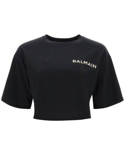 Balmain Cropped T-shirt With Metallic Logo - Black