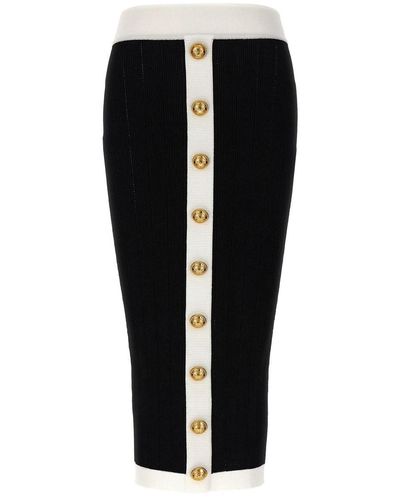 Balmain Button-embellished Ribbed-knit Midi Skirt - Black