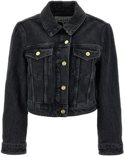Ganni Cropped Denim Jacket Blazer And Suits - Black