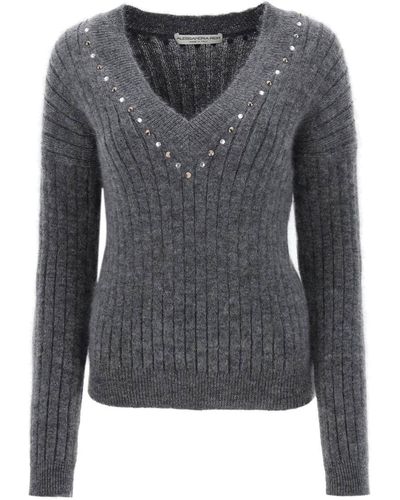 Alessandra Rich Wool Knit Sweater With Studs And Crystals - Gray