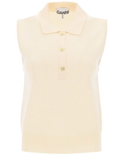 Ganni Sleeveless Polo Shirt In Wool And Cashmere - Natural