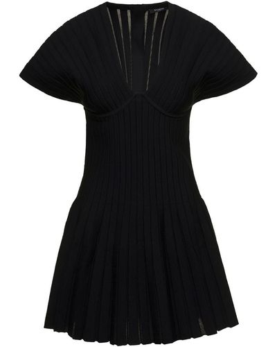 Balmain Short Sleeves Pleated Knit Short Dress - Black