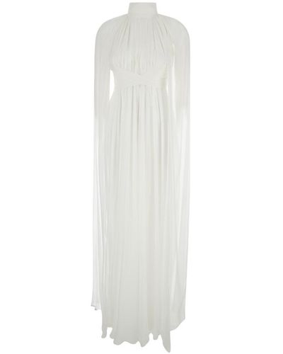 Alberta Ferretti Long Pleated Dress With Criss-Cross Detail - White