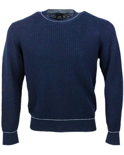 Armani Crew-neck And Long-sleeved Jumper In Cotton And Linen With Honeycomb Workmanship. - Blue