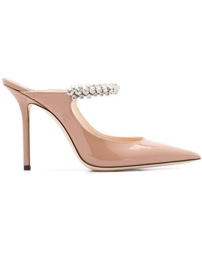 Jimmy Choo Bing 100 Crystal Strap Patent Leather Heel Mules - Pink