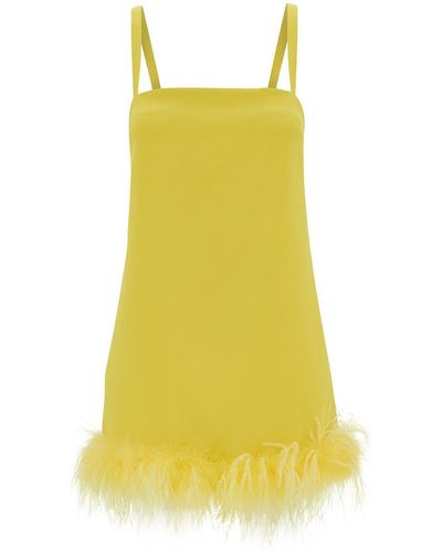 Pinko Mini Yellow Dress With Tonal Feathers Trim In Tech Fabric Woman