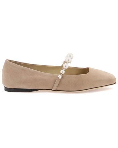 Jimmy Choo Suede Leather Ballerina Flats With Pearl - White
