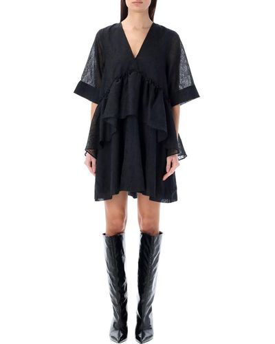 Ganni Crinckled Georgette Flounce Mini Dress - Black