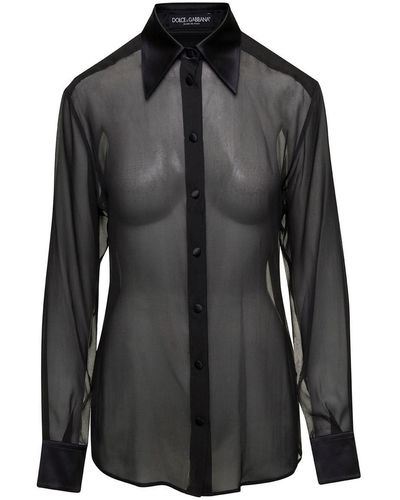 Dolce & Gabbana Black Sheer Shirt With Pointed Collar In Stretch Silk Woman