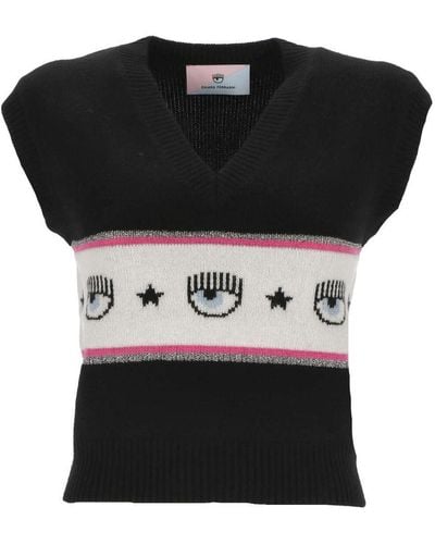 Chiara Ferragni Eyelike Intarsia-knit V-neck Vest - Black
