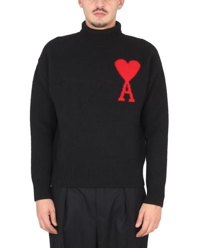 Ami Paris Turtleneck Sweater With Logo - Black