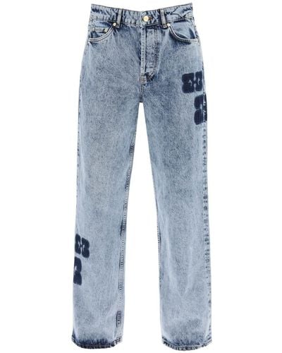Ganni Wide Leg Izey Jeans With Contrasting Details - Blue